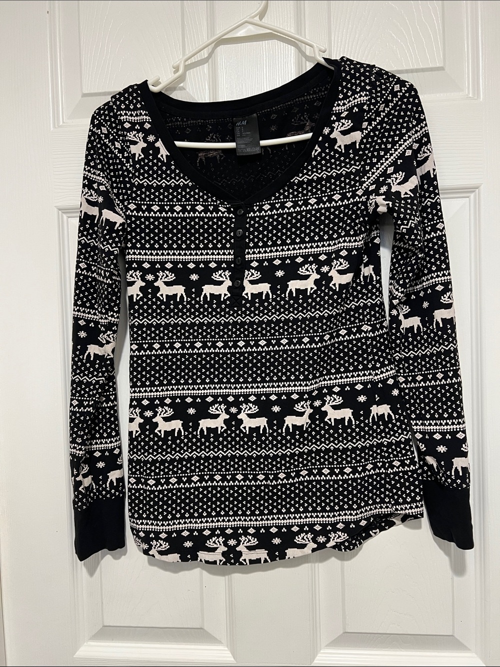 H&M Black Long-Sleeve Henley with White Reindeer Pattern